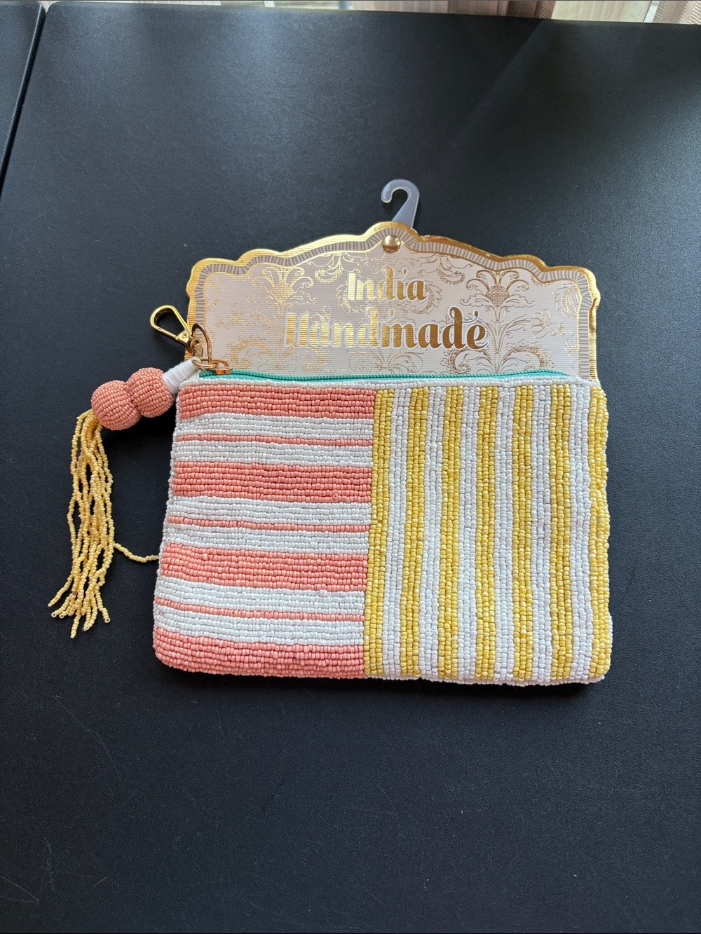 India Handmade Beaded Stripe Clutch - Coral & Yellow